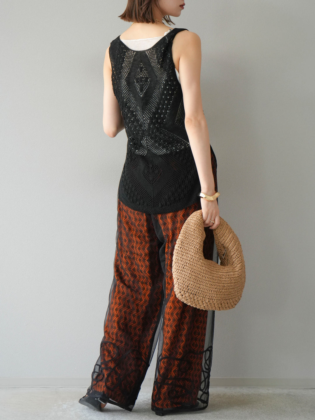 [予約]レーヨンフレックススラブウェーブ柄ストレートパンツ/オレンジ