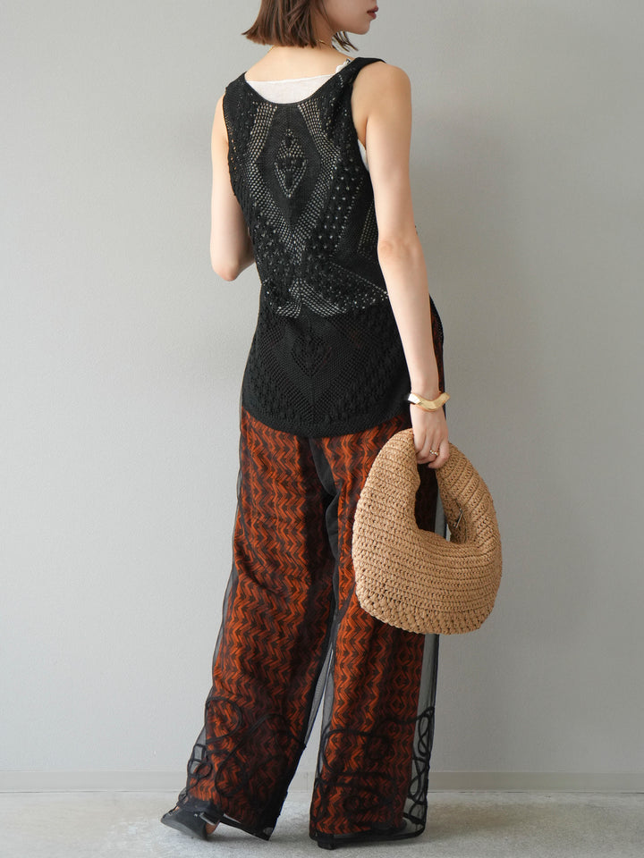 [予約]レーヨンフレックススラブウェーブ柄ストレートパンツ/オレンジ