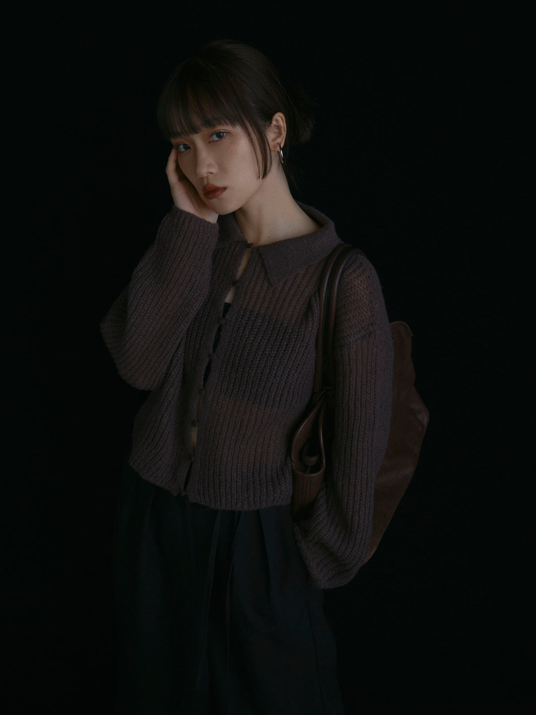 [予約]起毛片畦編みシアーポロニット/ブラウン