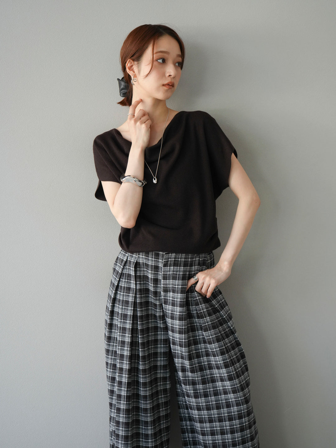 [予約]ドレープドルマンフレンチスリーブニットトップス/ブラウン