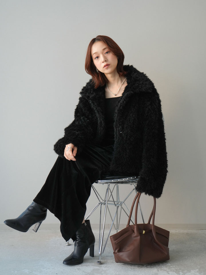 [SET]フェイクファー襟付きショートブルゾン+ギャザーベロアスカート(2set)