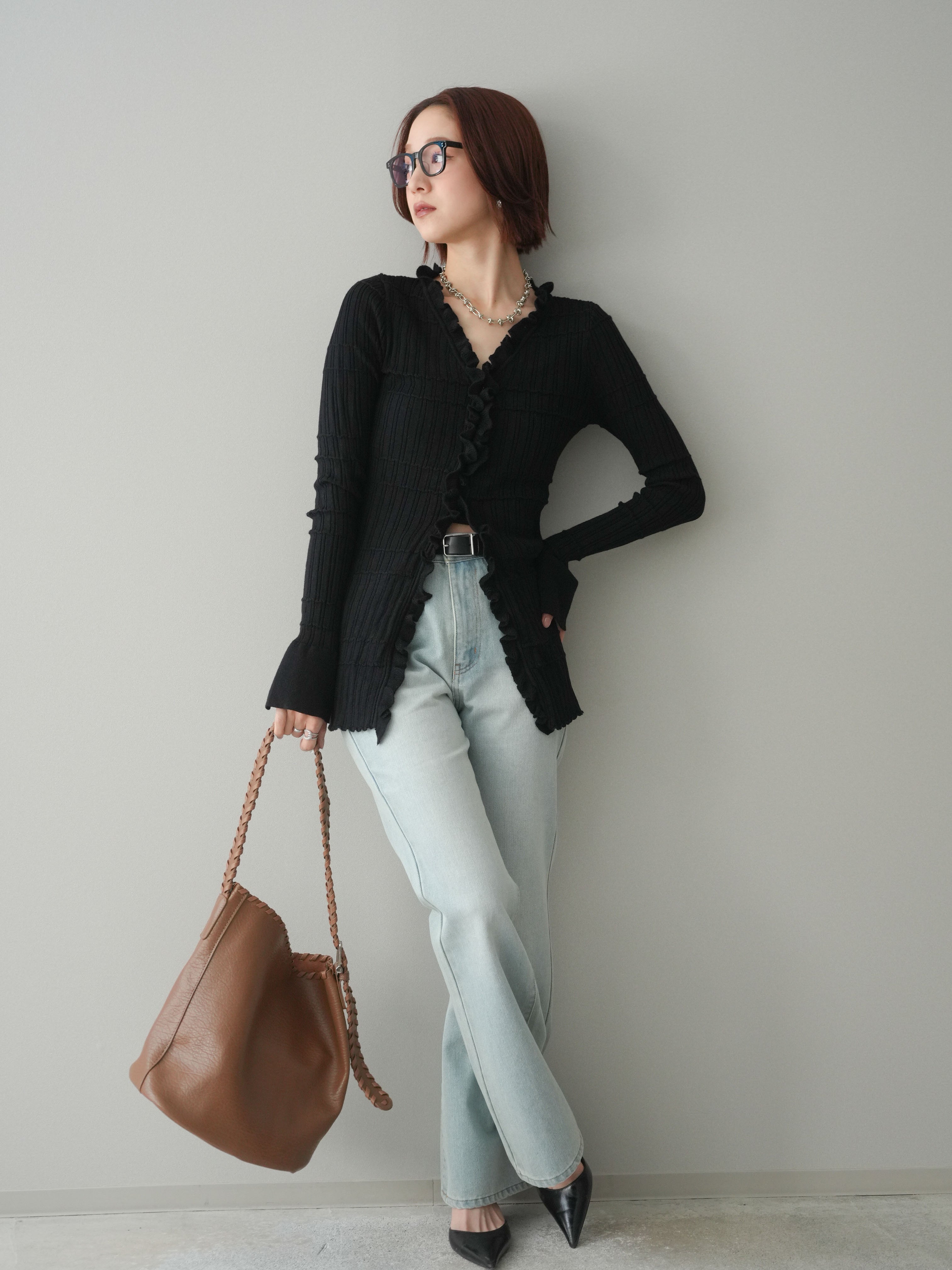 SET]フロントフリルリブニットカーディガン+フレアデニムパンツ(2set