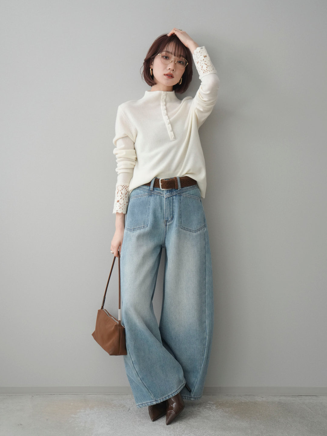 [SET]袖スカラップレースフロントボタンウールニットトップス+ベルト付裏起毛カーブデニムパンツ(2set)