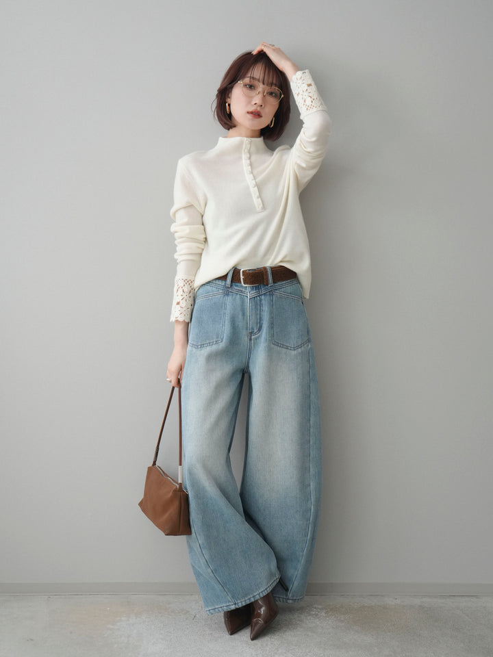 [SET]袖スカラップレースフロントボタンウールニットトップス+ベルト付裏起毛カーブデニムパンツ(2set)