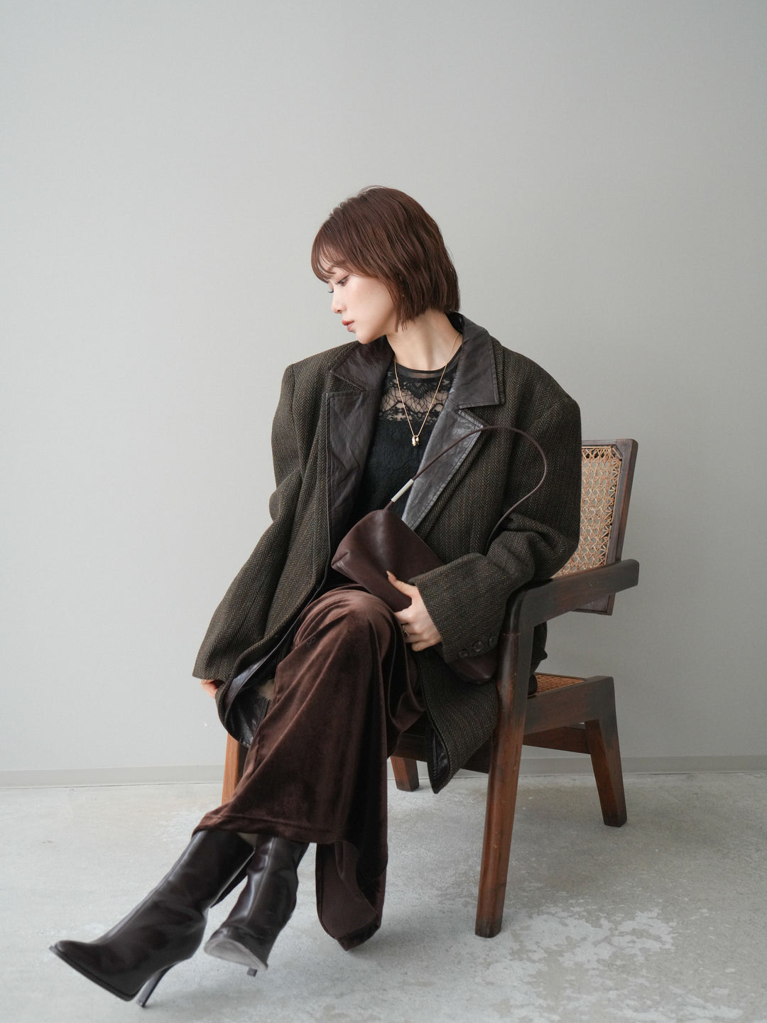 [SET]レイヤードデザインツイードテーラードジャケット+チュールレーストップス+ギャザーベロアスカート(3set)