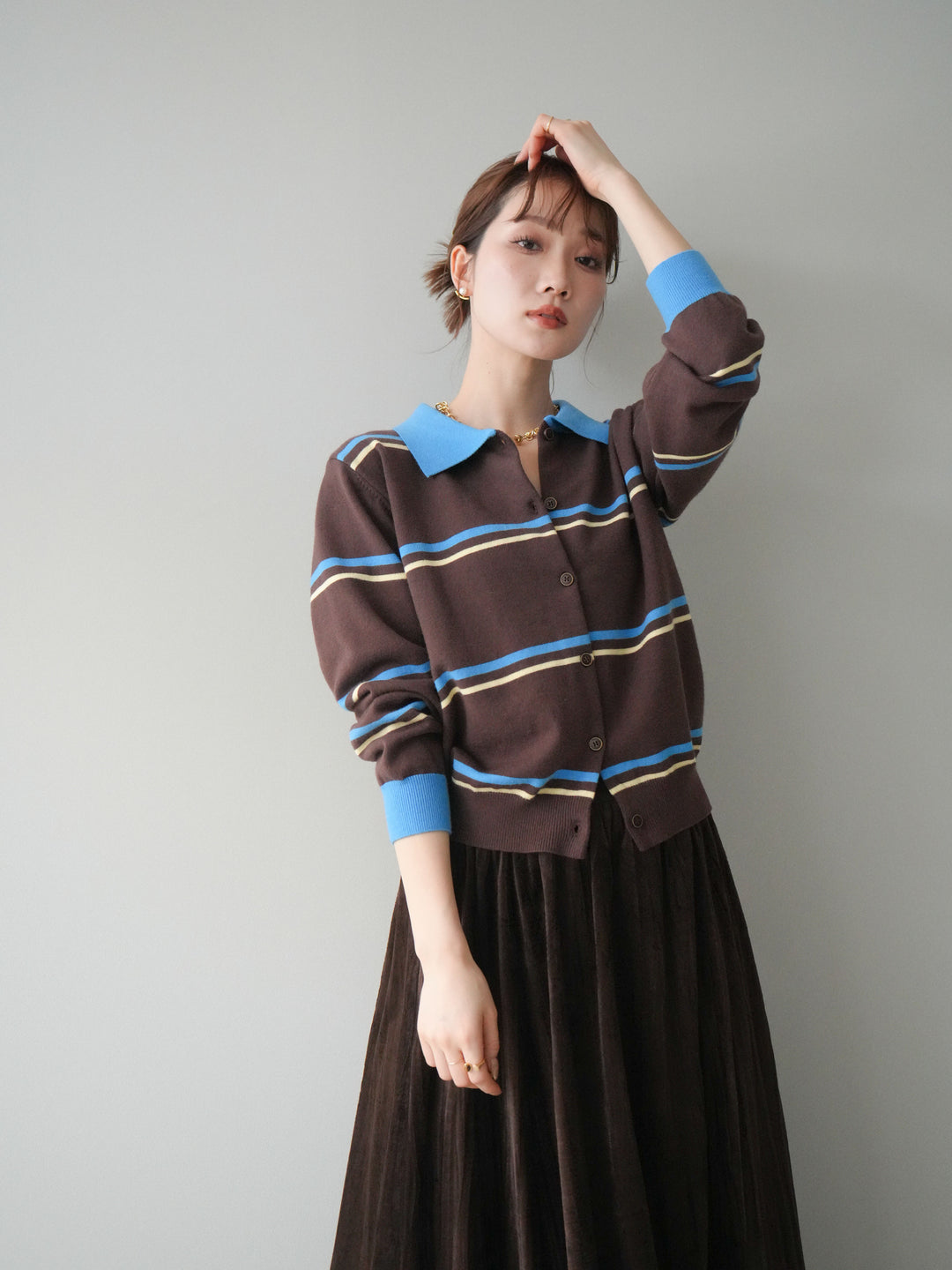 [予約]配色マルチボーダーポロニットカーディガン/brown