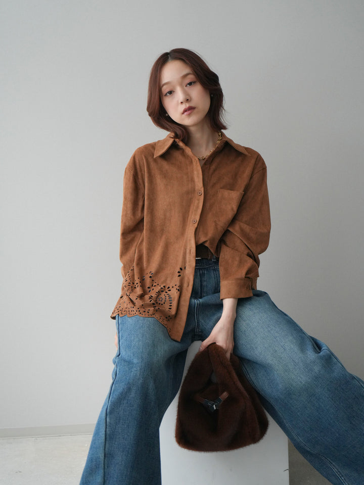 [SET]裾スカラップスエードシャツ+ベルト付裏起毛カーブデニムパンツ(2set)