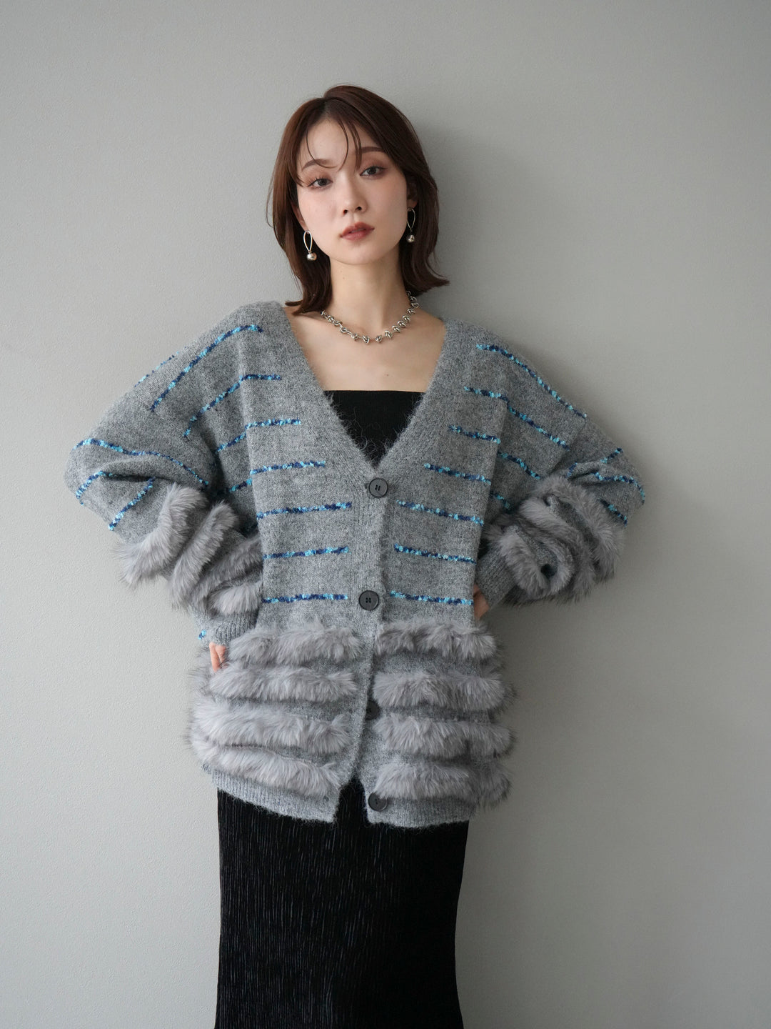 [SET]フェザーライン配色シャギーニットカーディガン+ベロアプリーツナロースカート(2set)