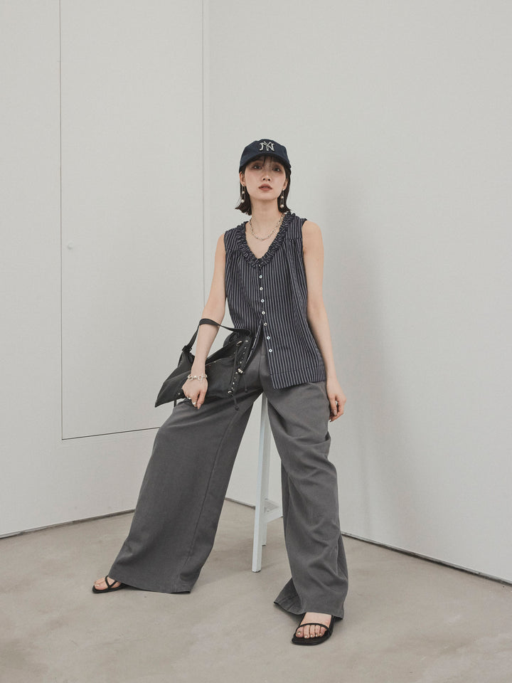 【預購】條紋荷葉邊襯衫/黑色