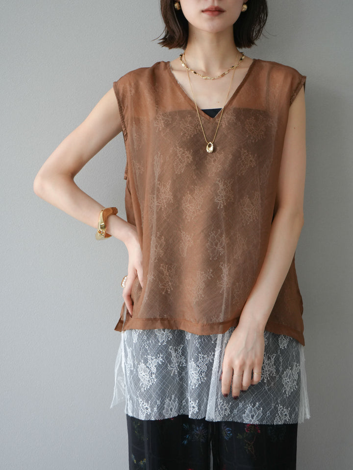 [予約]レースレイヤードオーガンジートップス/ブラウン