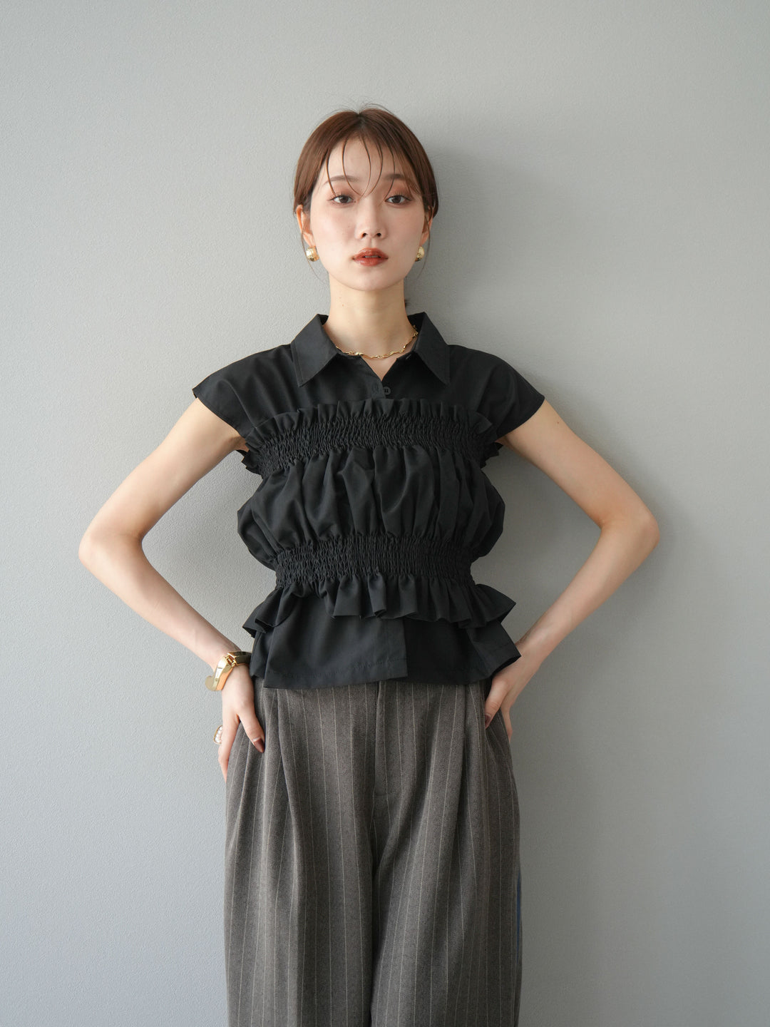 [予約]サイドラインストライプワイドパンツ/ブラウン