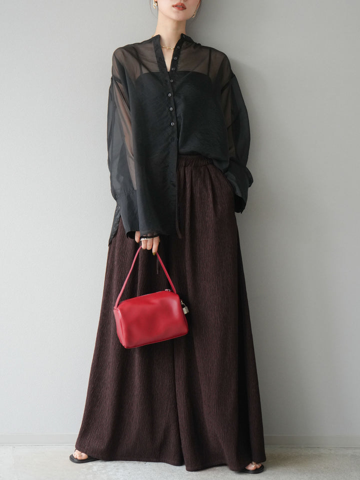 [SET] 亮面透視立領襯衫 + 柳葉寬褲 (2set)