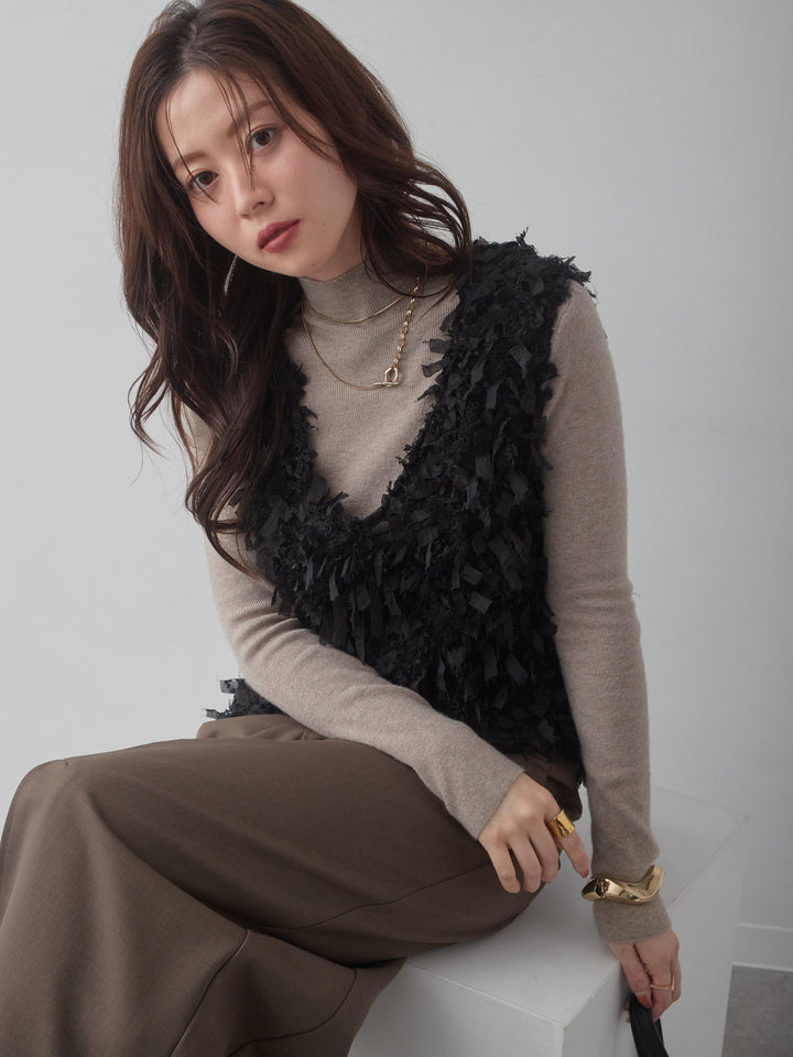 [SET]リボンフリンジベスト+モックネックリブスリムニットトップス+クレープデシンフラップ付きストレートスカート(3set)