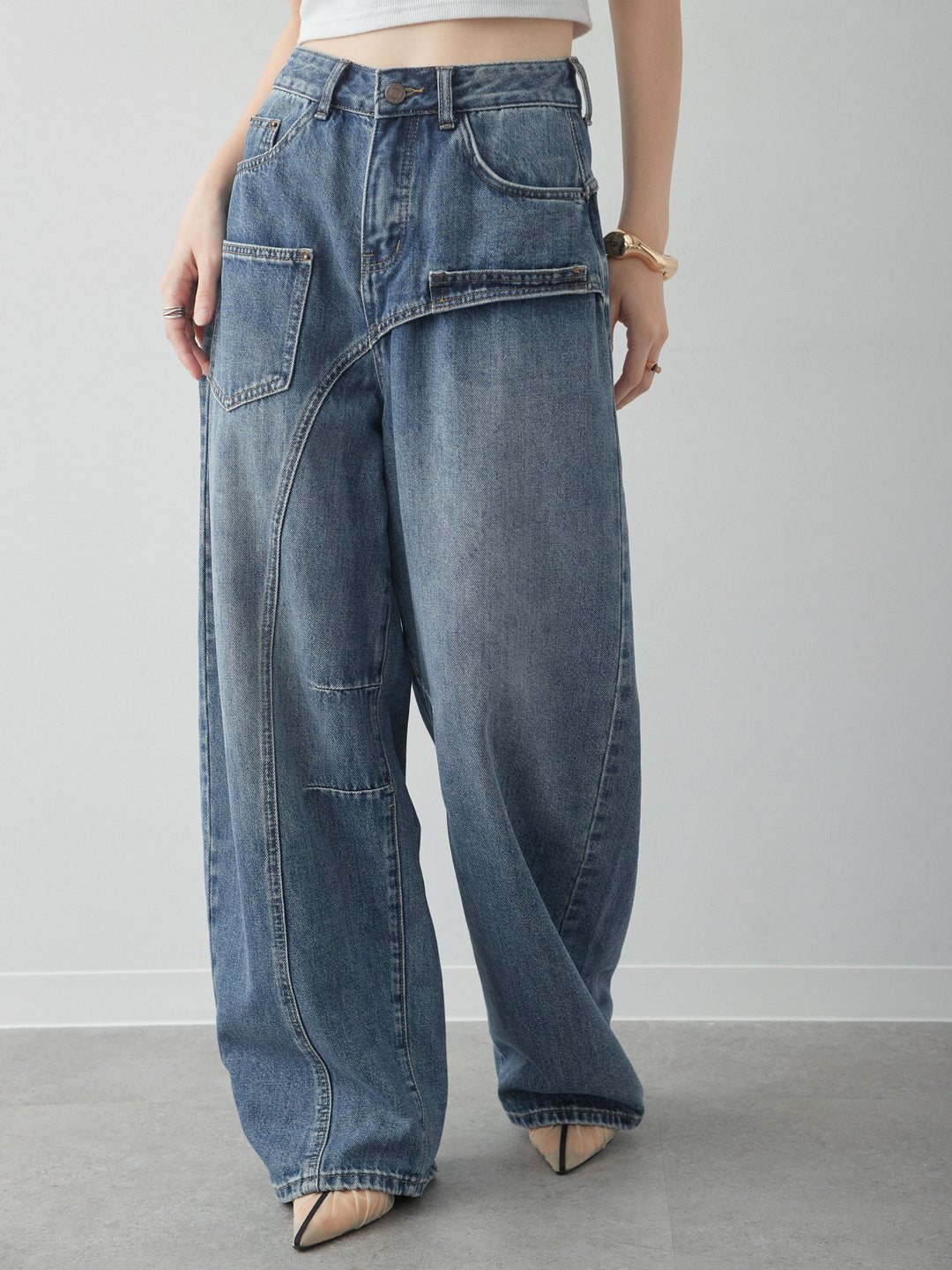 [予約]アシンメトリーポケットワイドデニム/lightblue