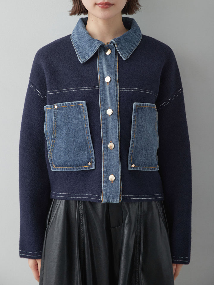[予約]デニムコンビスムースニットジャケット/navy