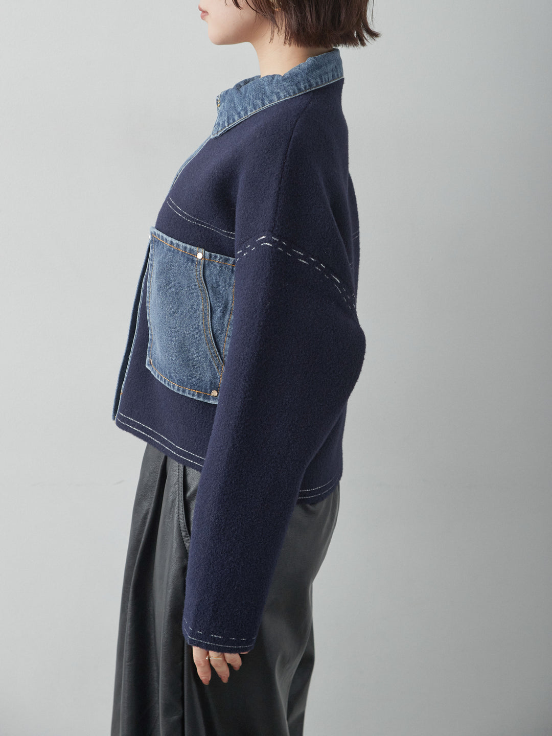 [予約]デニムコンビスムースニットジャケット/navy