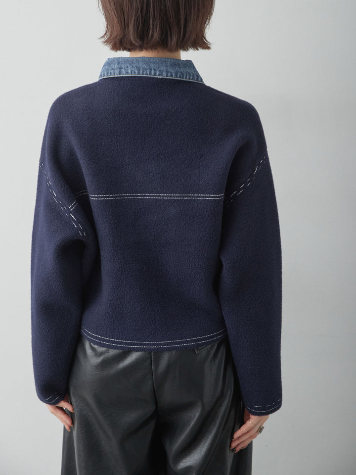 [予約]デニムコンビスムースニットジャケット/navy