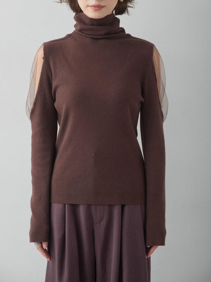 [予約]ショルダーチュールハイネックニットトップス/brown