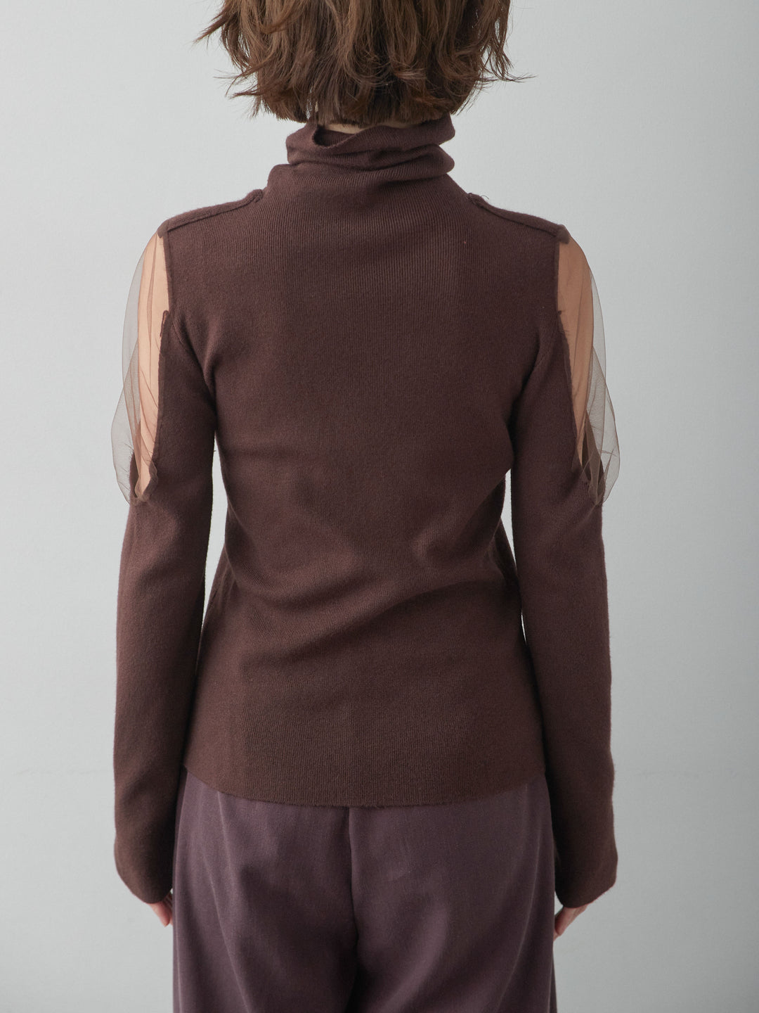 [予約]ショルダーチュールハイネックニットトップス/brown