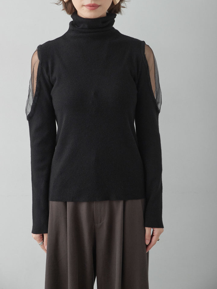 [予約]ショルダーチュールハイネックニットトップス/black