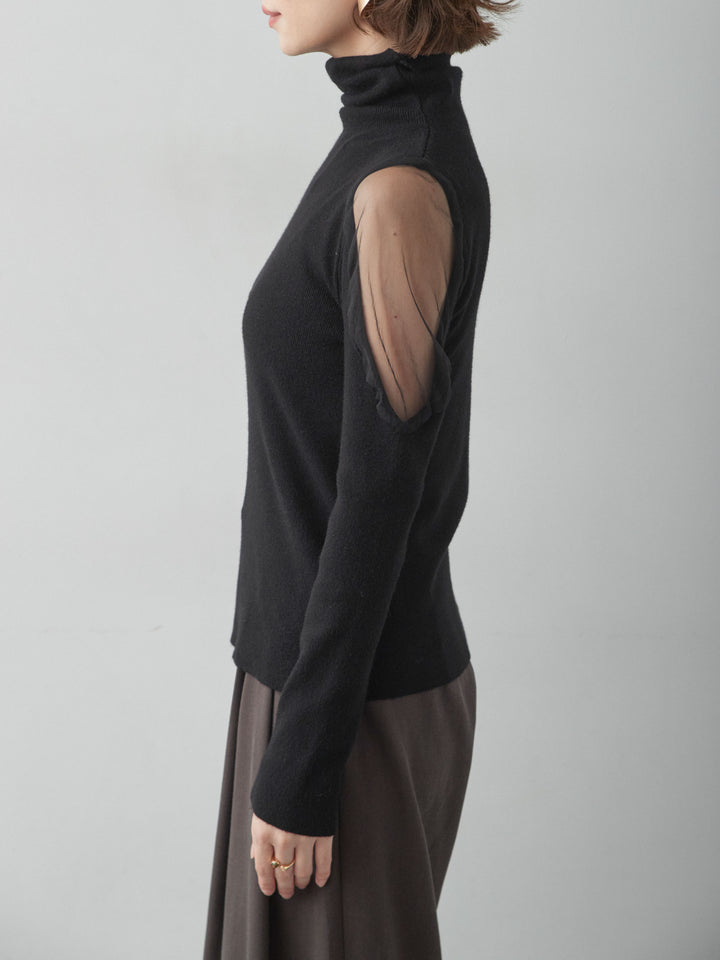 [予約]ショルダーチュールハイネックニットトップス/black