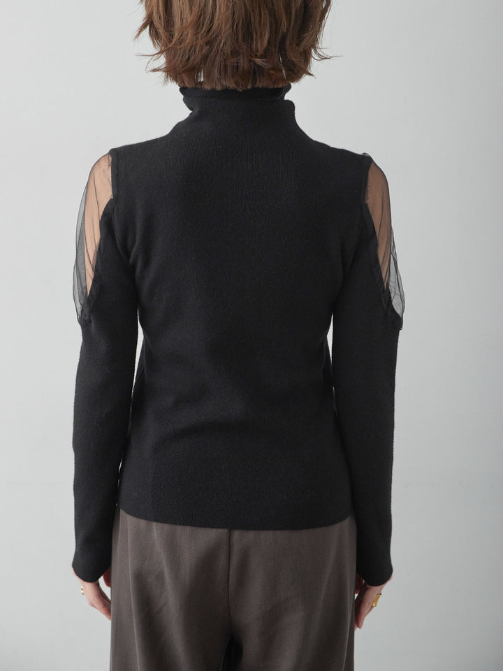 [予約]ショルダーチュールハイネックニットトップス/black