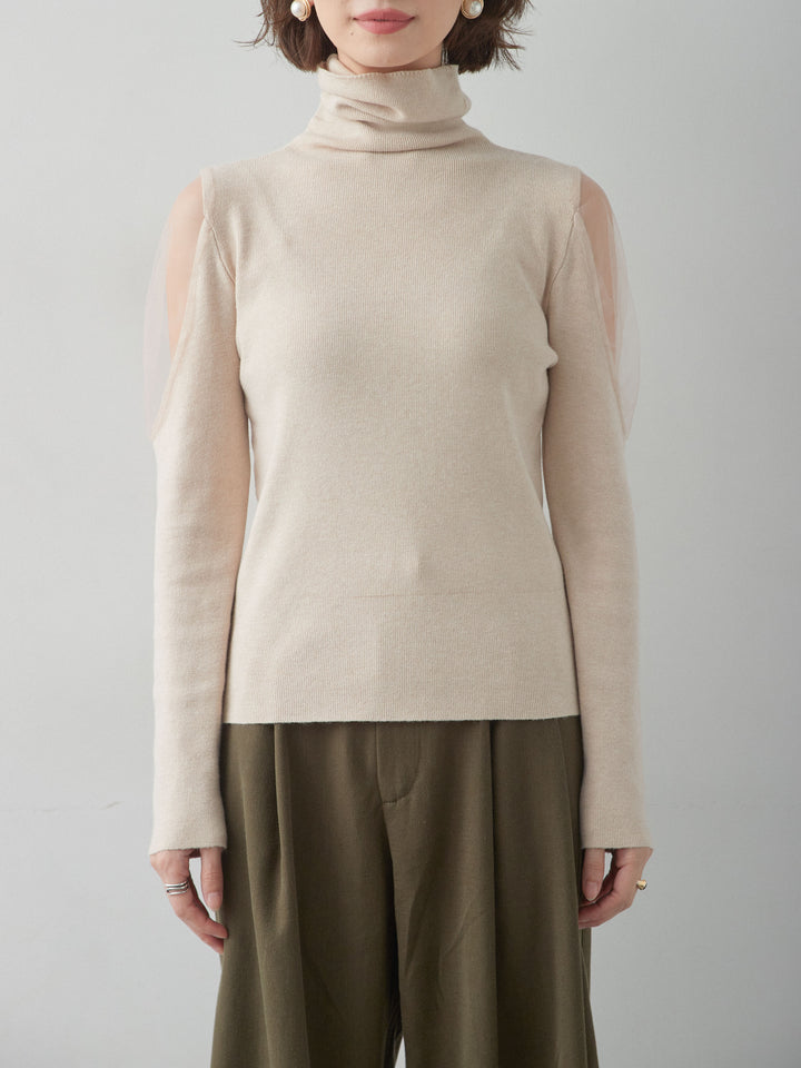 [予約]ショルダーチュールハイネックニットトップス/beige
