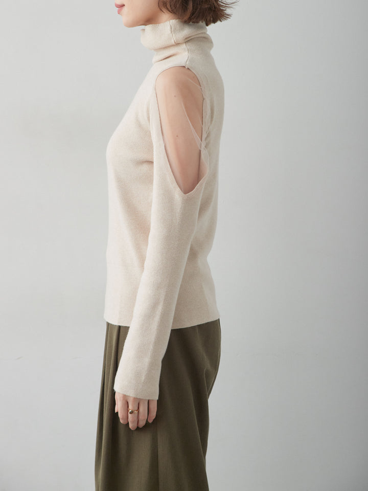 [予約]ショルダーチュールハイネックニットトップス/beige