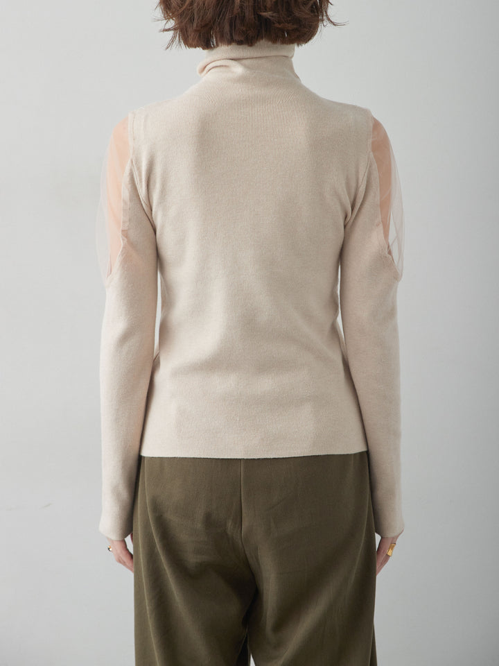 [予約]ショルダーチュールハイネックニットトップス/beige