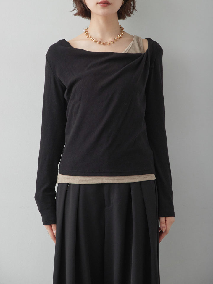 [予約]バイカラーアシメレイヤードデザイントップス/black