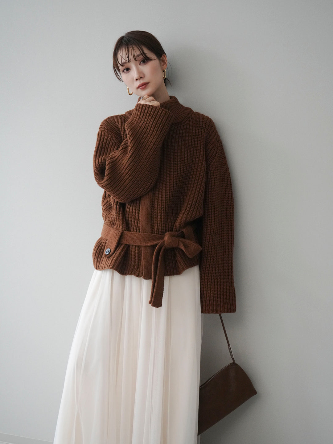 [予約]畦編みボトルネックZIPニットカーディガン/brown