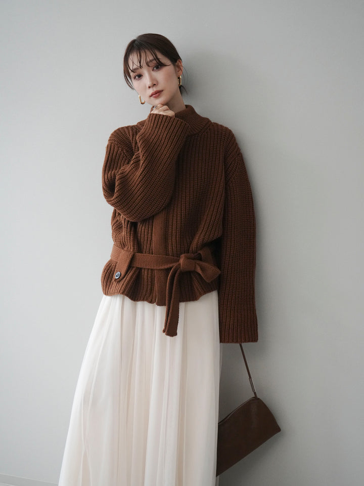 [予約]畦編みボトルネックZIPニットカーディガン/brown