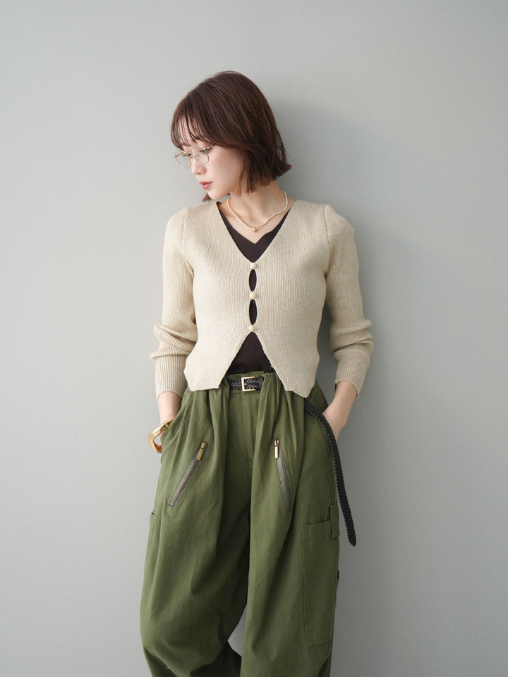 [予約]Vネック配色レイヤードスリットニットトップス/beige