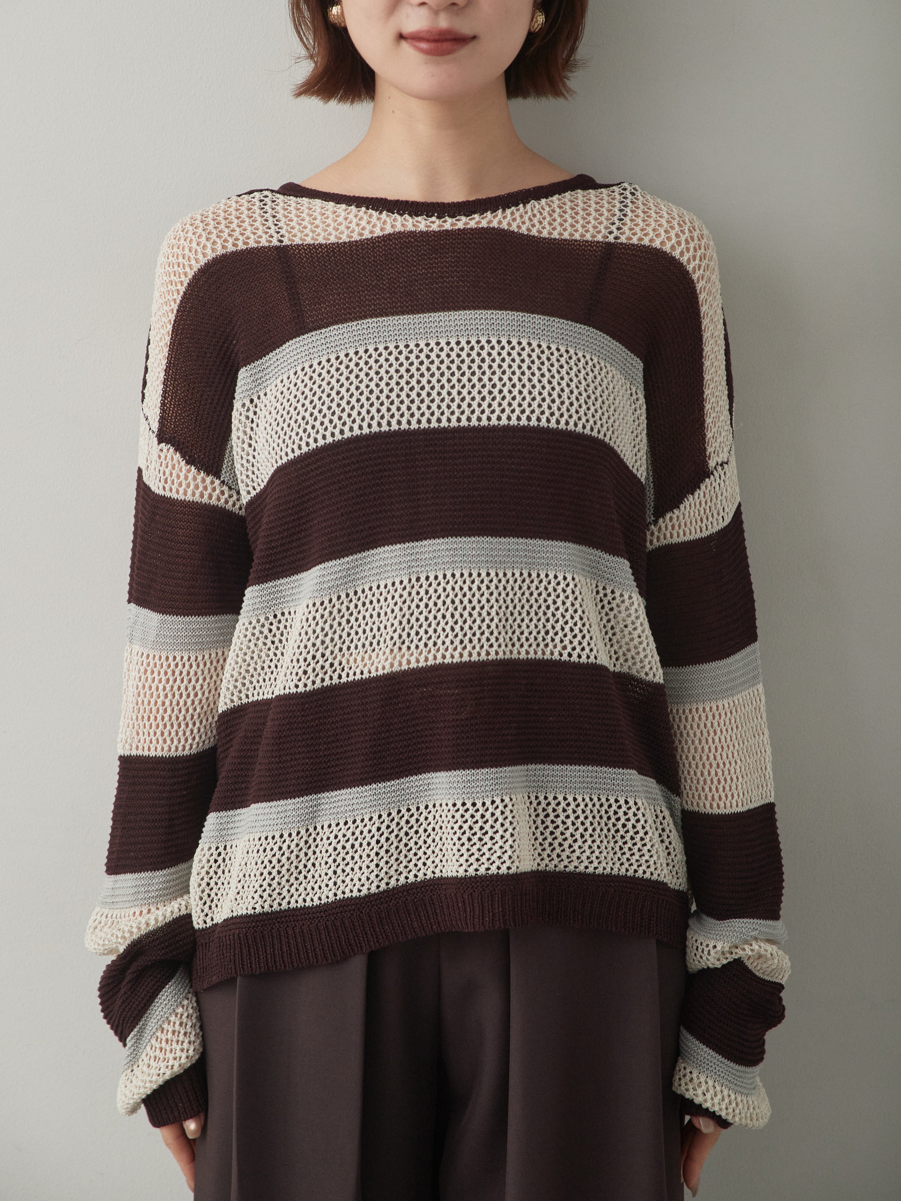 予約]マルチボーダーメッシュニットトップス/brown – Lumier