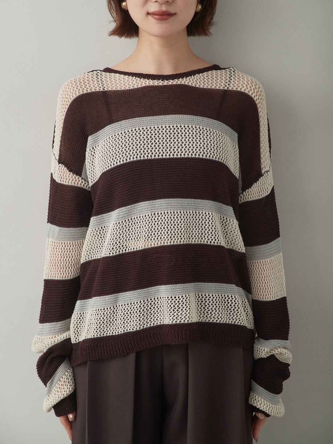 [予約]マルチボーダーメッシュニットトップス/brown