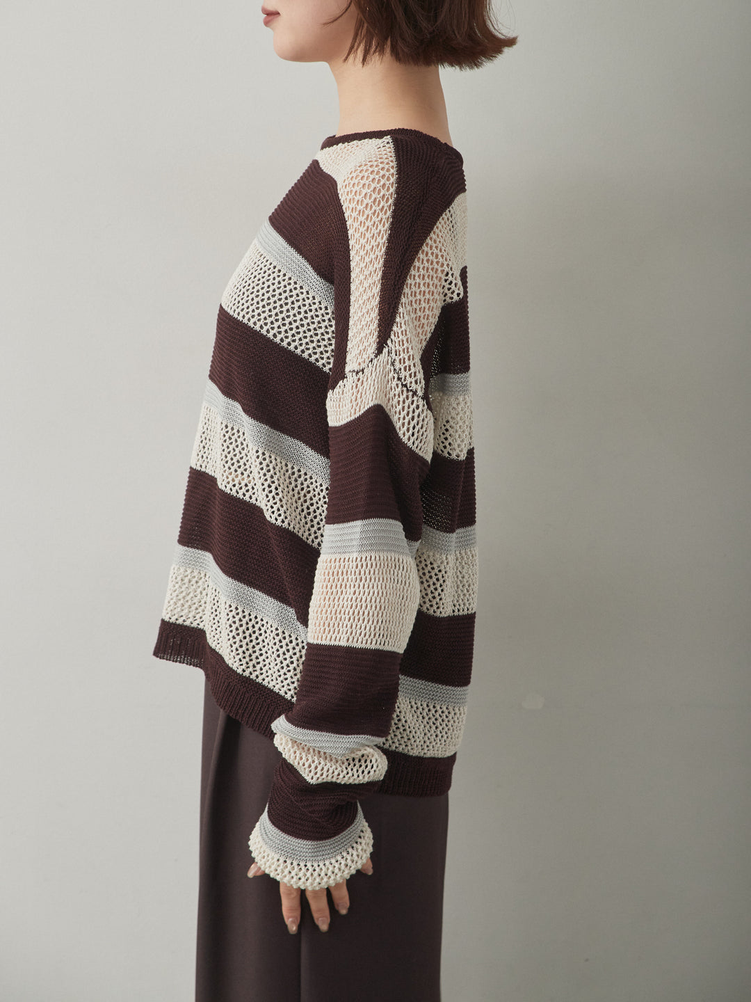 [予約]マルチボーダーメッシュニットトップス/brown