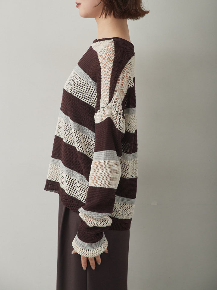 [予約]マルチボーダーメッシュニットトップス/brown