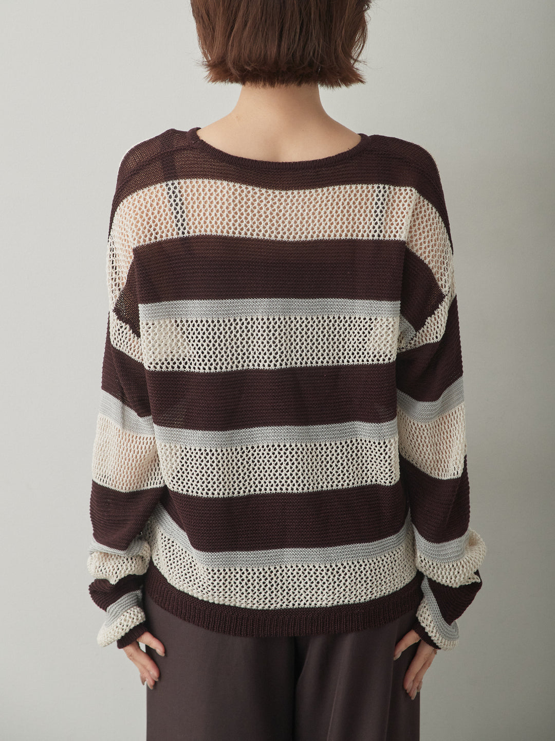 [予約]マルチボーダーメッシュニットトップス/brown