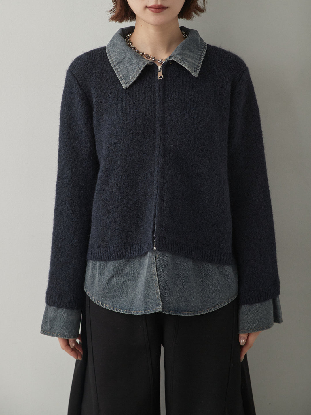 [予約]デニムレイヤードデザインジップニットカーディガン/navy