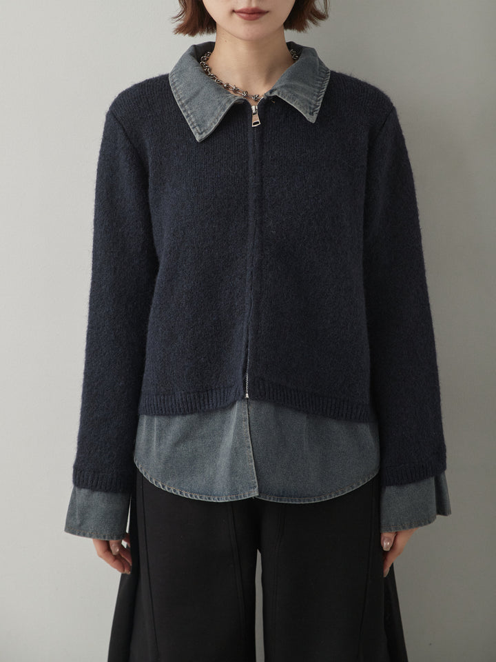 [予約]デニムレイヤードデザインジップニットカーディガン/navy