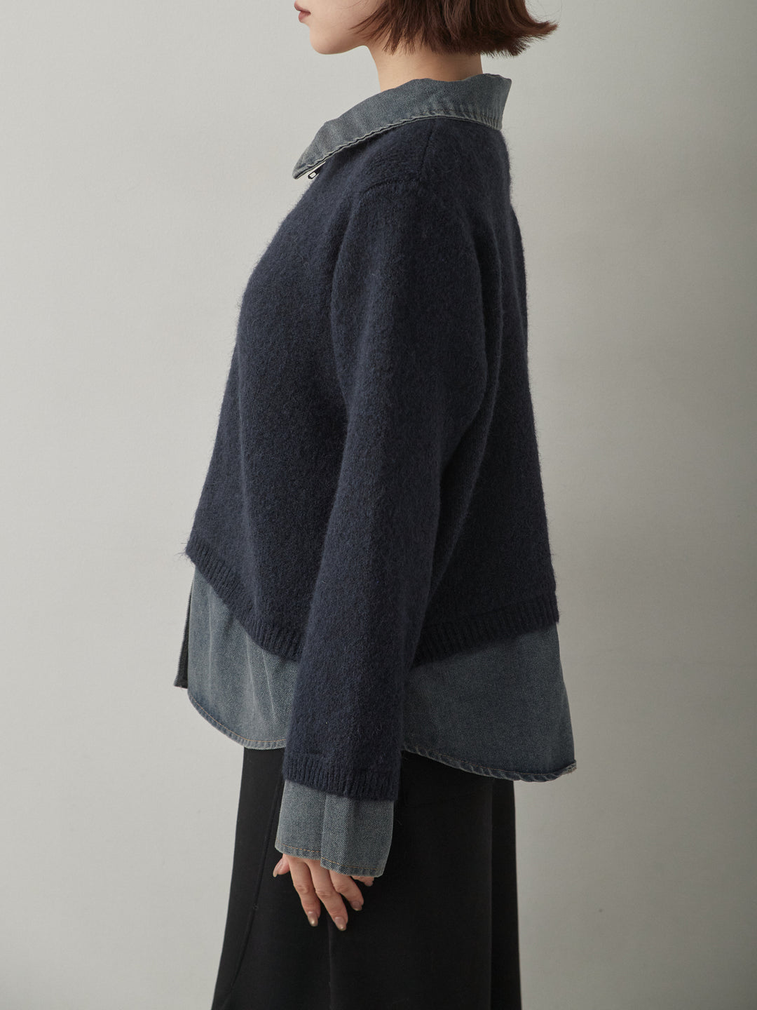[予約]デニムレイヤードデザインジップニットカーディガン/navy