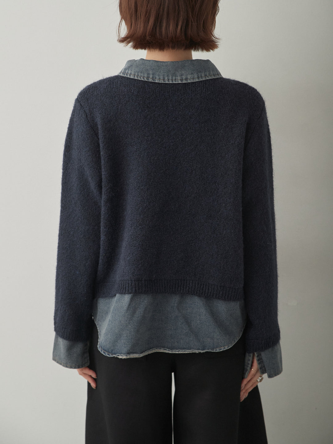 [予約]デニムレイヤードデザインジップニットカーディガン/navy