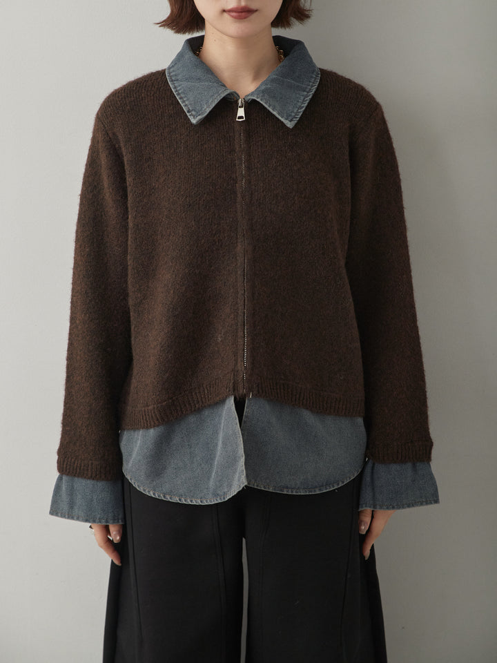 [予約]デニムレイヤードデザインジップニットカーディガン/brown