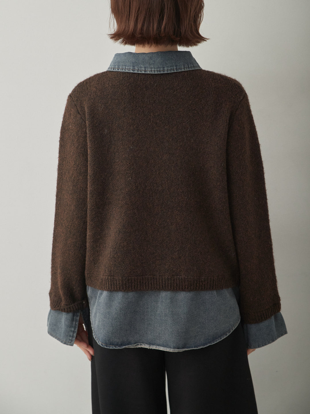 [予約]デニムレイヤードデザインジップニットカーディガン/brown
