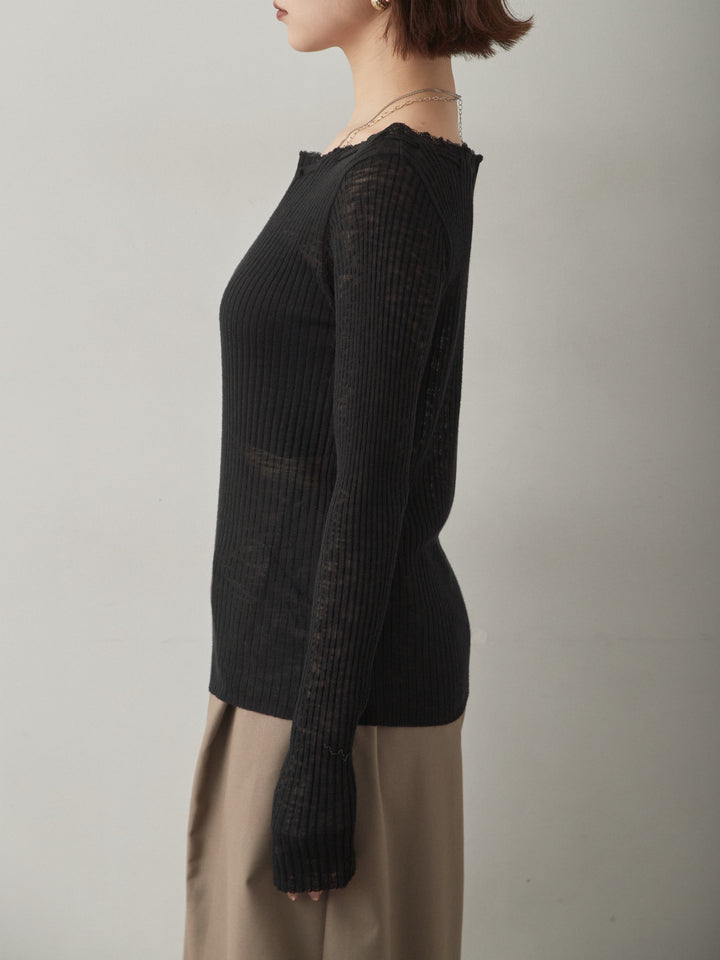 [予約]ショルダーリボンシアーリブニットトップス/black
