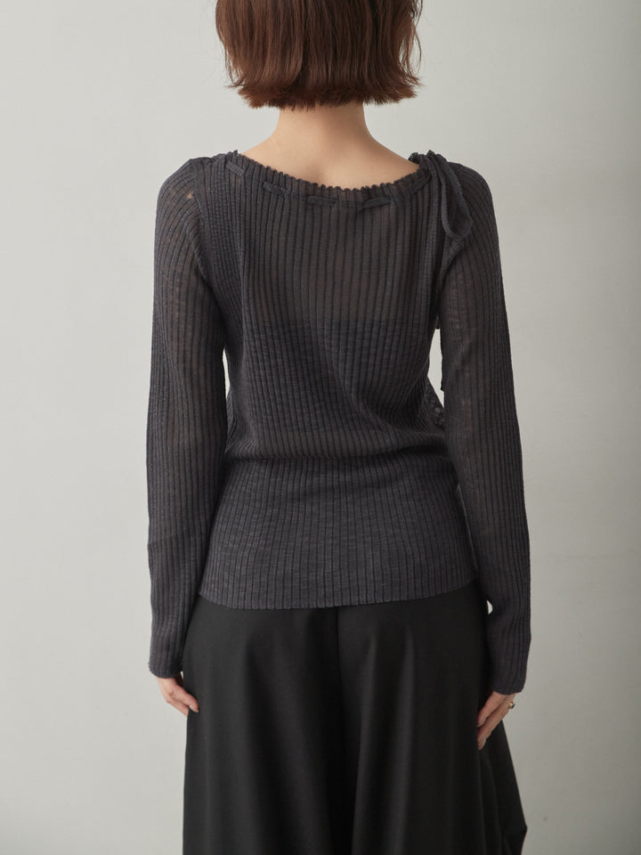 [予約]ショルダーリボンシアーリブニットトップス/charcoal