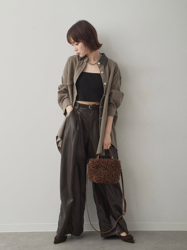 [SET]レザーカラーデザインポケットオーバーシャツ+フェイクレザーワイドパンツ(2set)