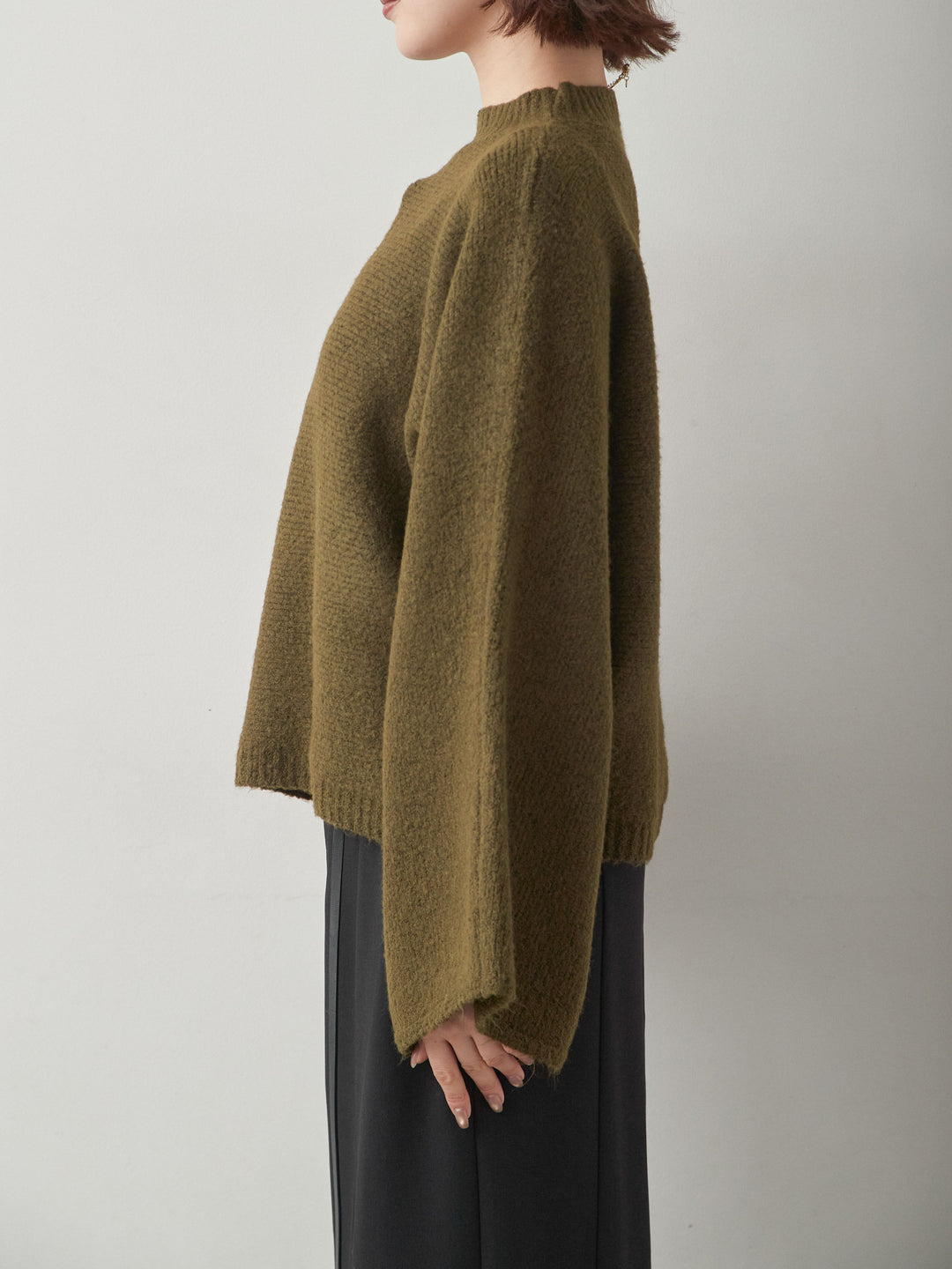 [予約]ワイドスリーブボトルネックニットトップス/khaki