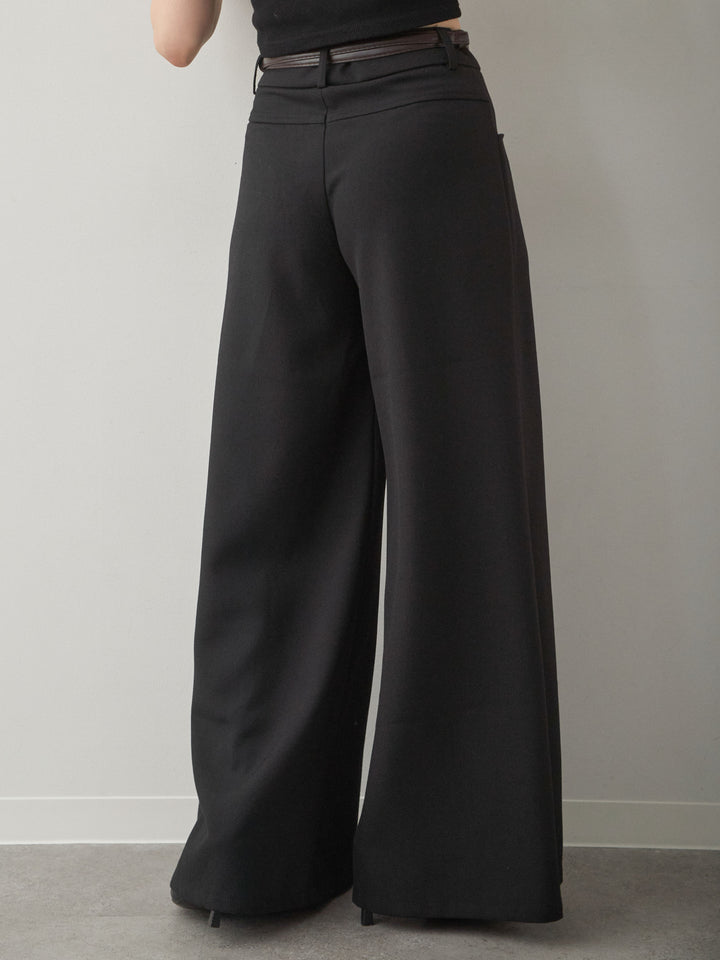 [予約]ベルト付ポケットデザインワイドストレートパンツ/black