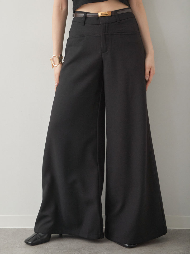 [予約]ベルト付ポケットデザインワイドストレートパンツ/black